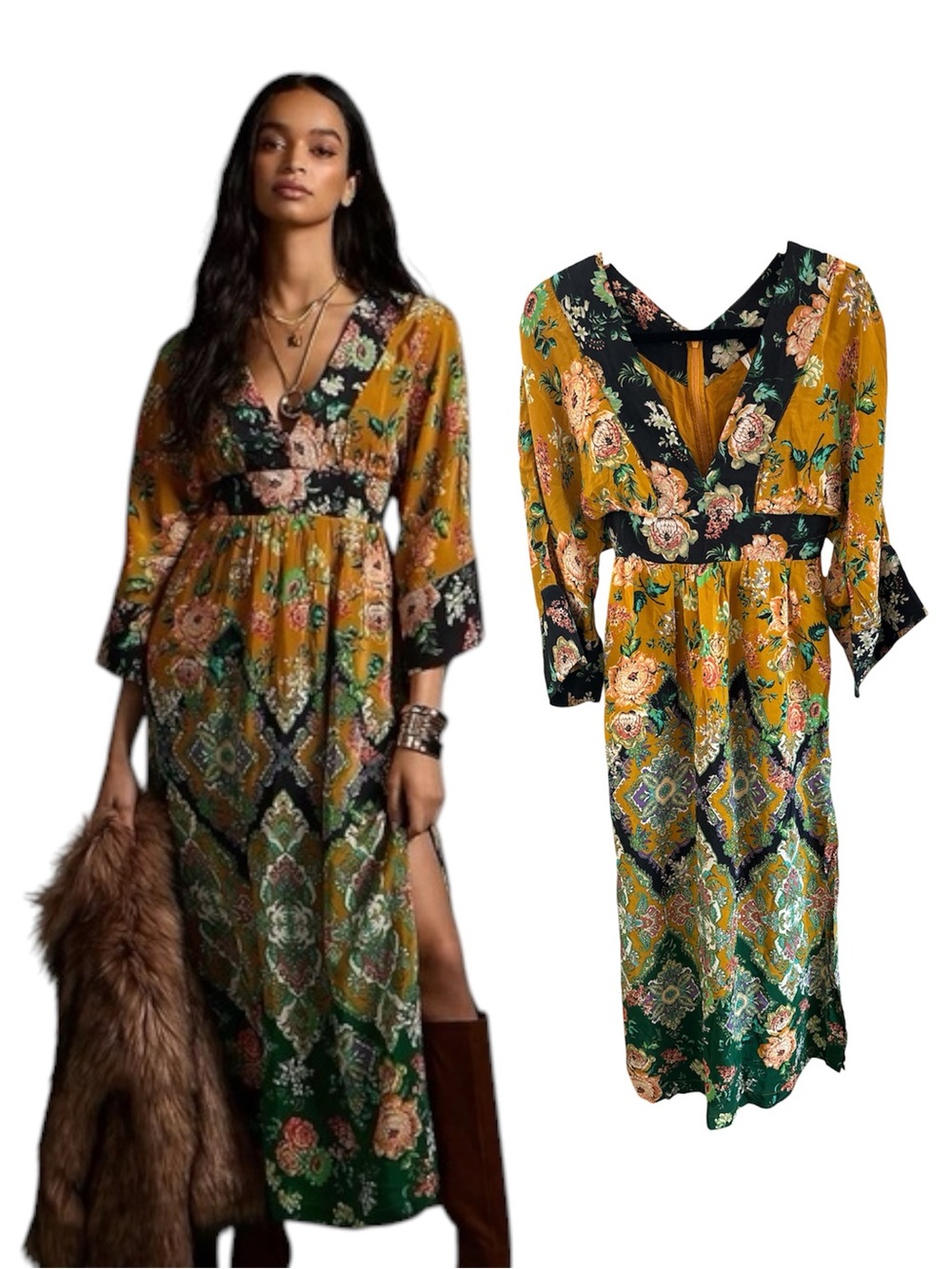 Anthropologie Boho Floral V-Neck Maxi Kimono Dress in Mustard and Green